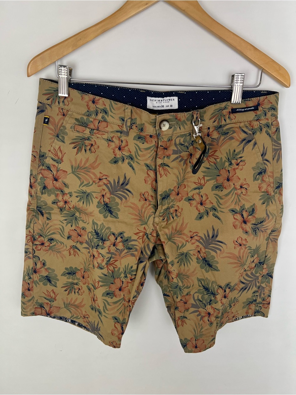 Denim & Flower Men's Size 30 Waist Tan Floral Chino Shorts-Green & Orange Print